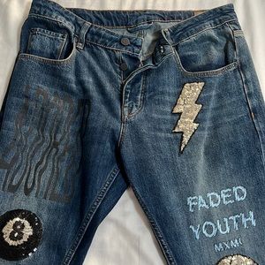 Sequined mid wash jeans
